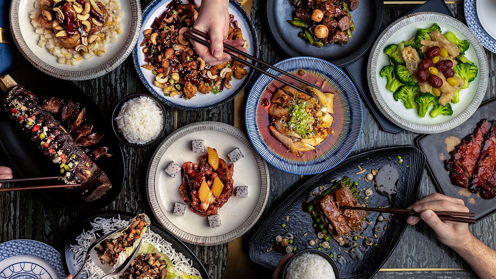 An array of Chinese dishes from Mott 32.